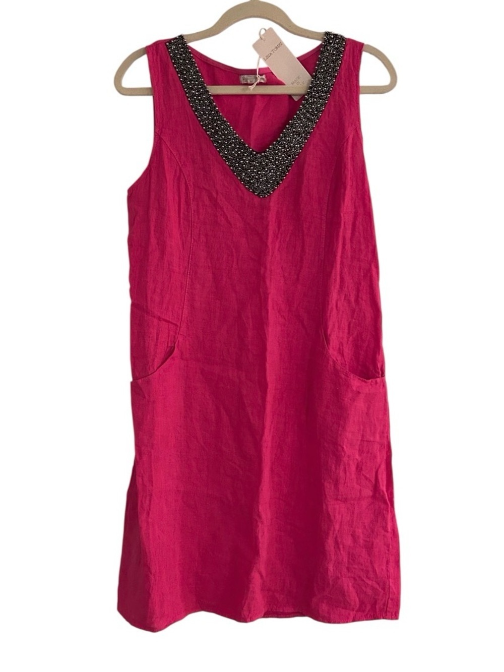 Lina Tomei Sleeveless Mini Dress Linen Pink V-Neck Size Medium NEW With Tags